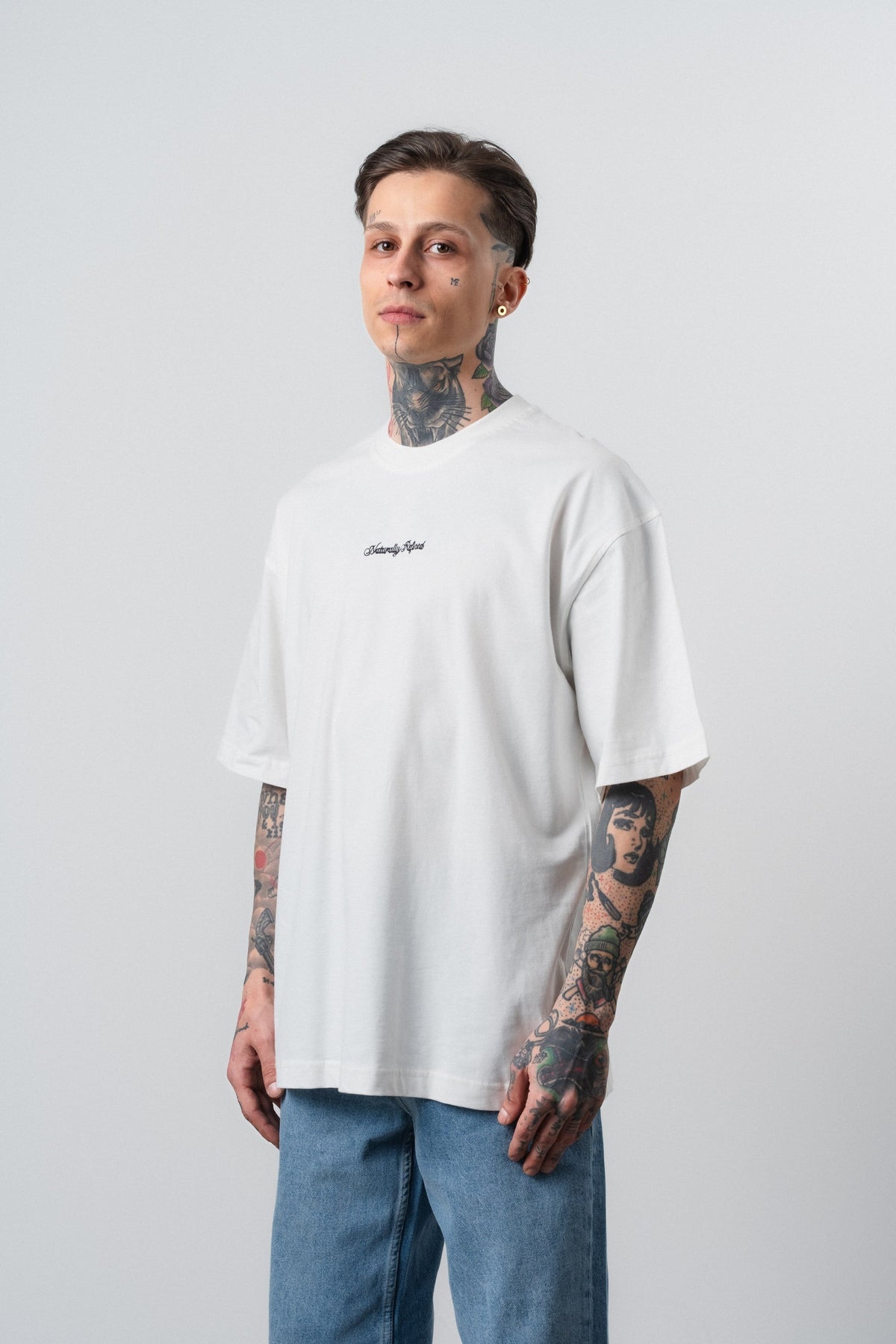 Erkek Refined Baskılı Oversize T-Shirt Ekru