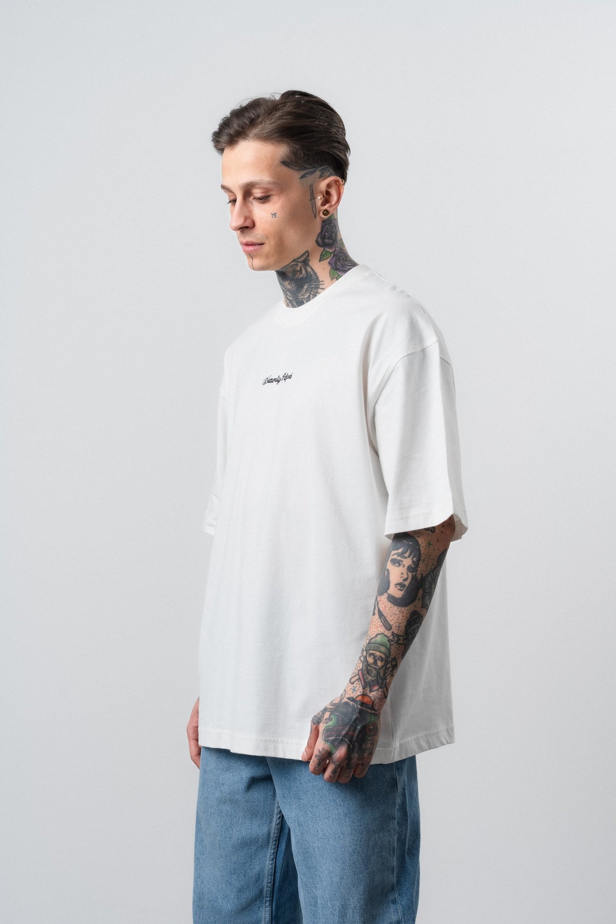 Erkek Refined Baskılı Oversize T-Shirt Ekru