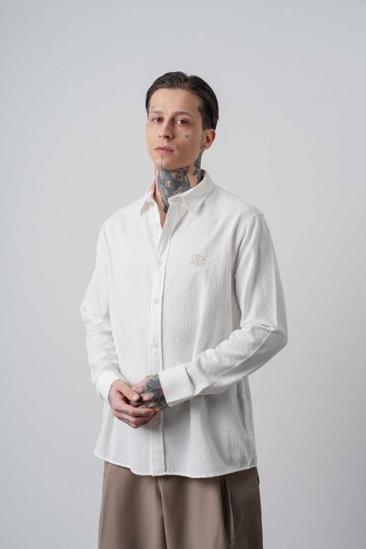 Erkek Star Nakışlı Uzun Kollu Oversize Gömlek Ekru
