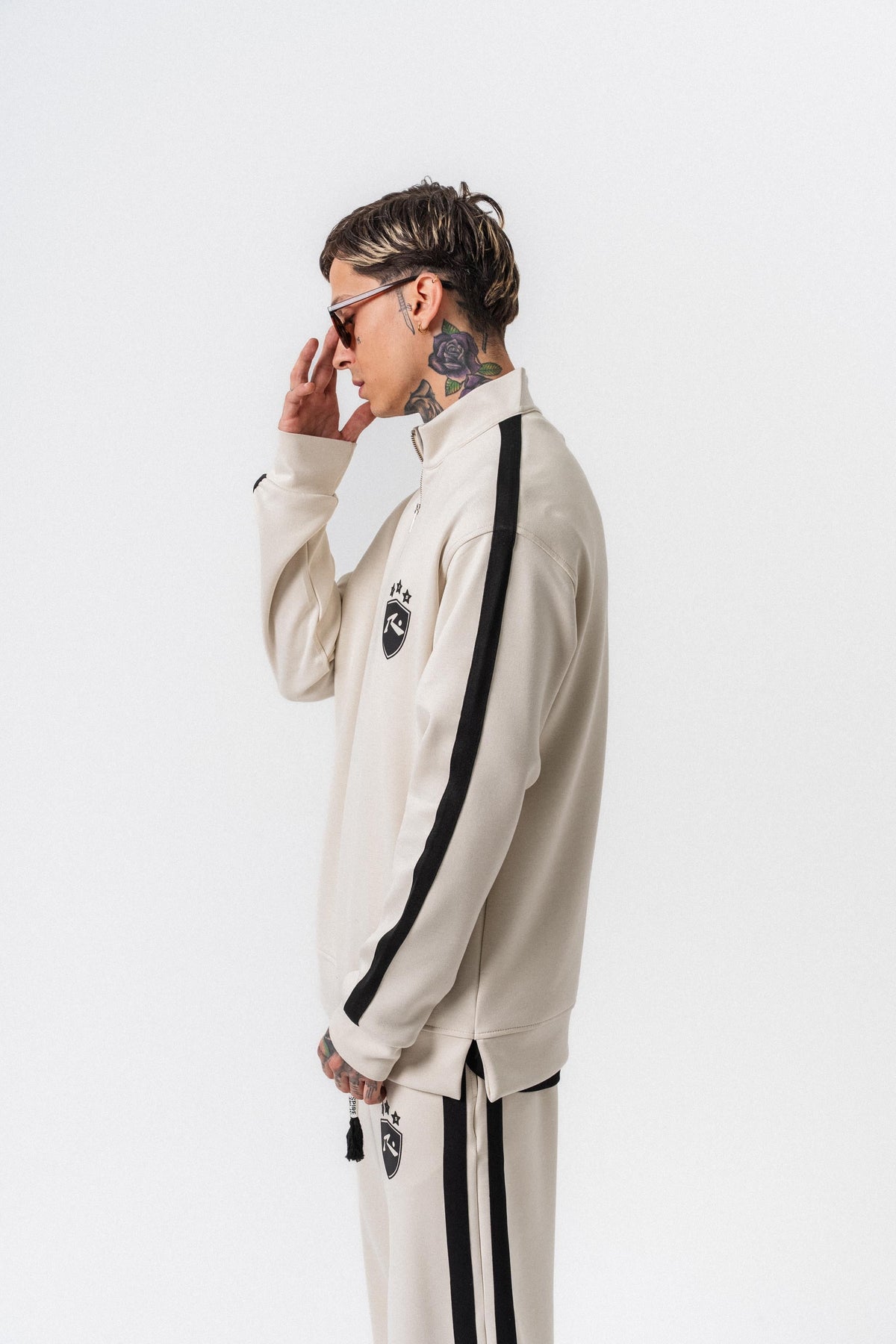 Erkek Şerit Detaylı Yarım Fermuarlı Modal Sweatshirt Ekru