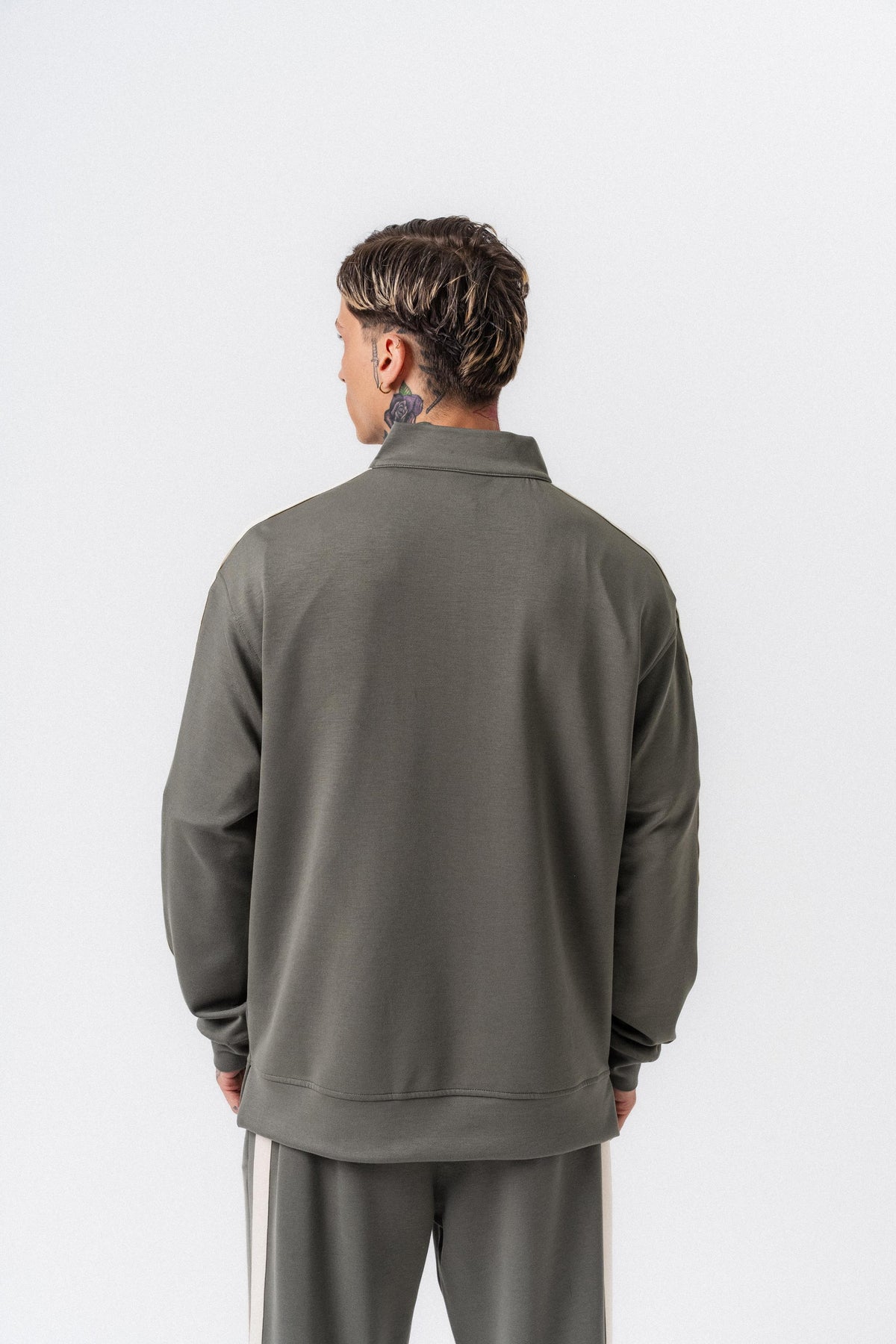 Erkek Şerit Detaylı Yarım Fermuarlı Modal Sweatshirt Haki