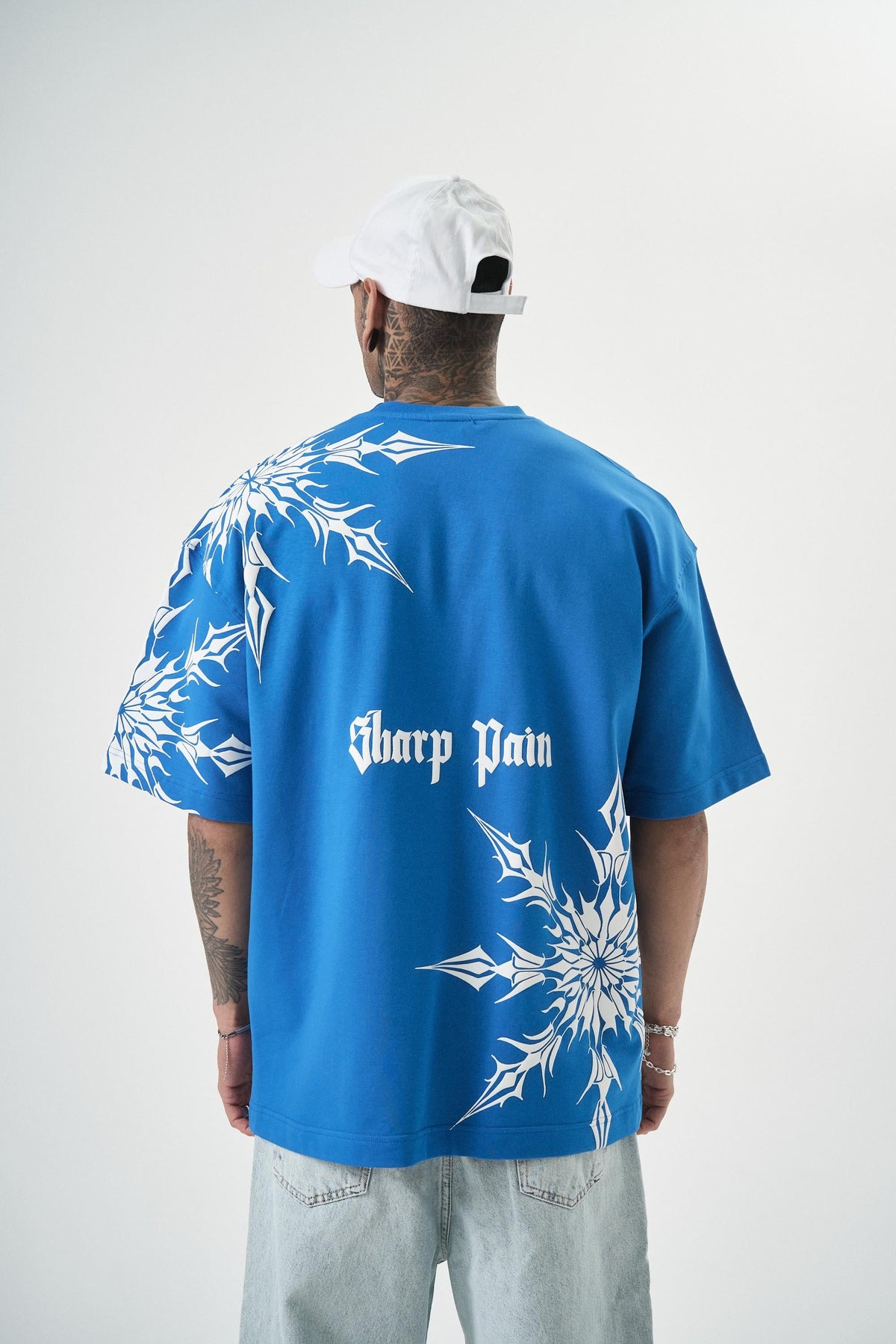 Erkek Sharp Pain Baskılı Oversize T-Shirt Mavi