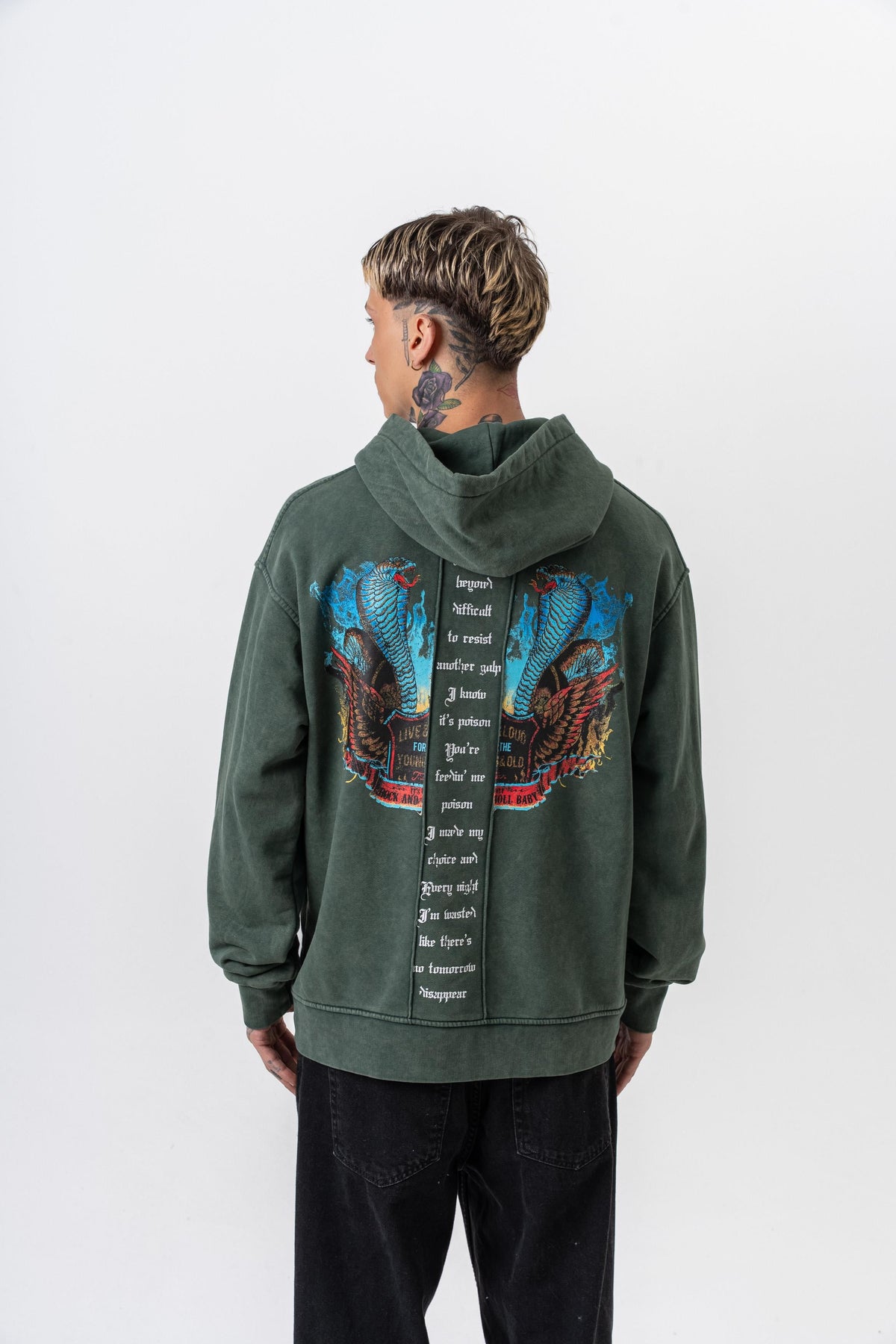 Erkek Snake Baskılı Yıkamalı Kapüşonlu Oversize Hoodie Yeşil