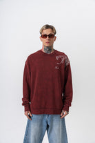 Snake Nakışlı Yıkamalı Bisiklet Yaka Oversize Sweatshirt - Bordo - 0