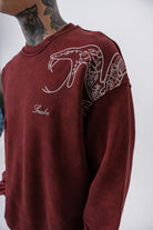 Snake Nakışlı Yıkamalı Bisiklet Yaka Oversize Sweatshirt - Bordo - 4