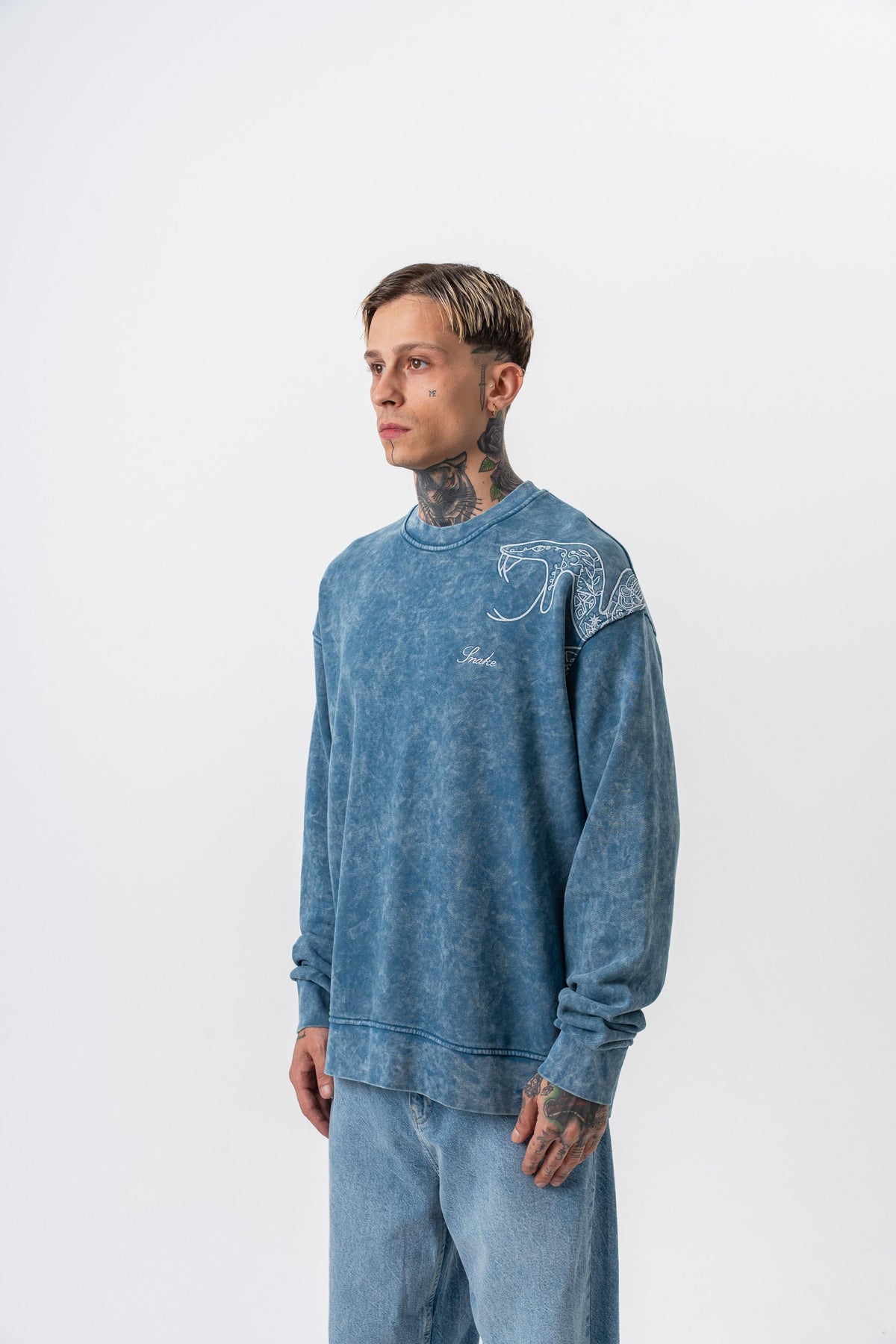 Snake Nakışlı Yıkamalı Bisiklet Yaka Oversize Sweatshirt - Petrol - 2