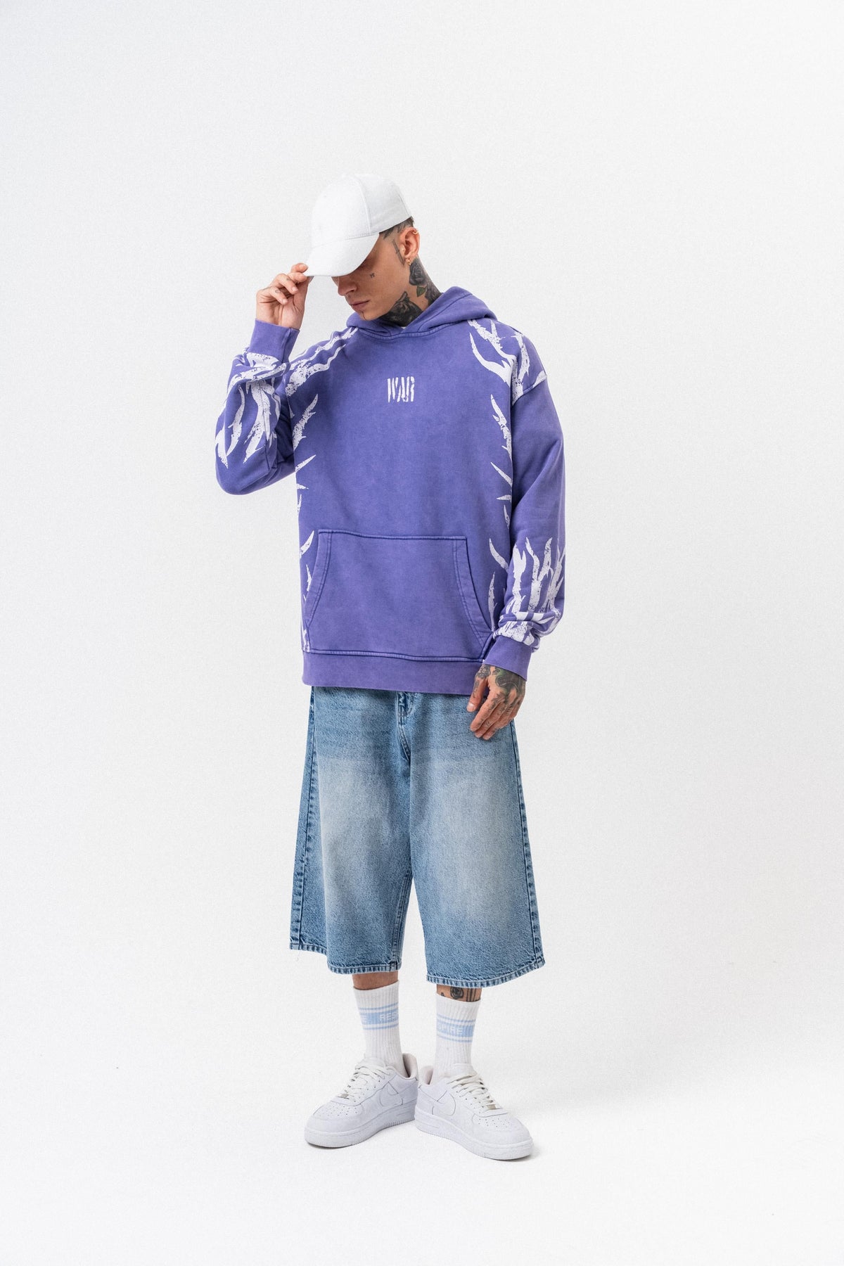Erkek War Baskılı Yıkamalı Kapüşonlu Oversize Hoodie Mor - 3