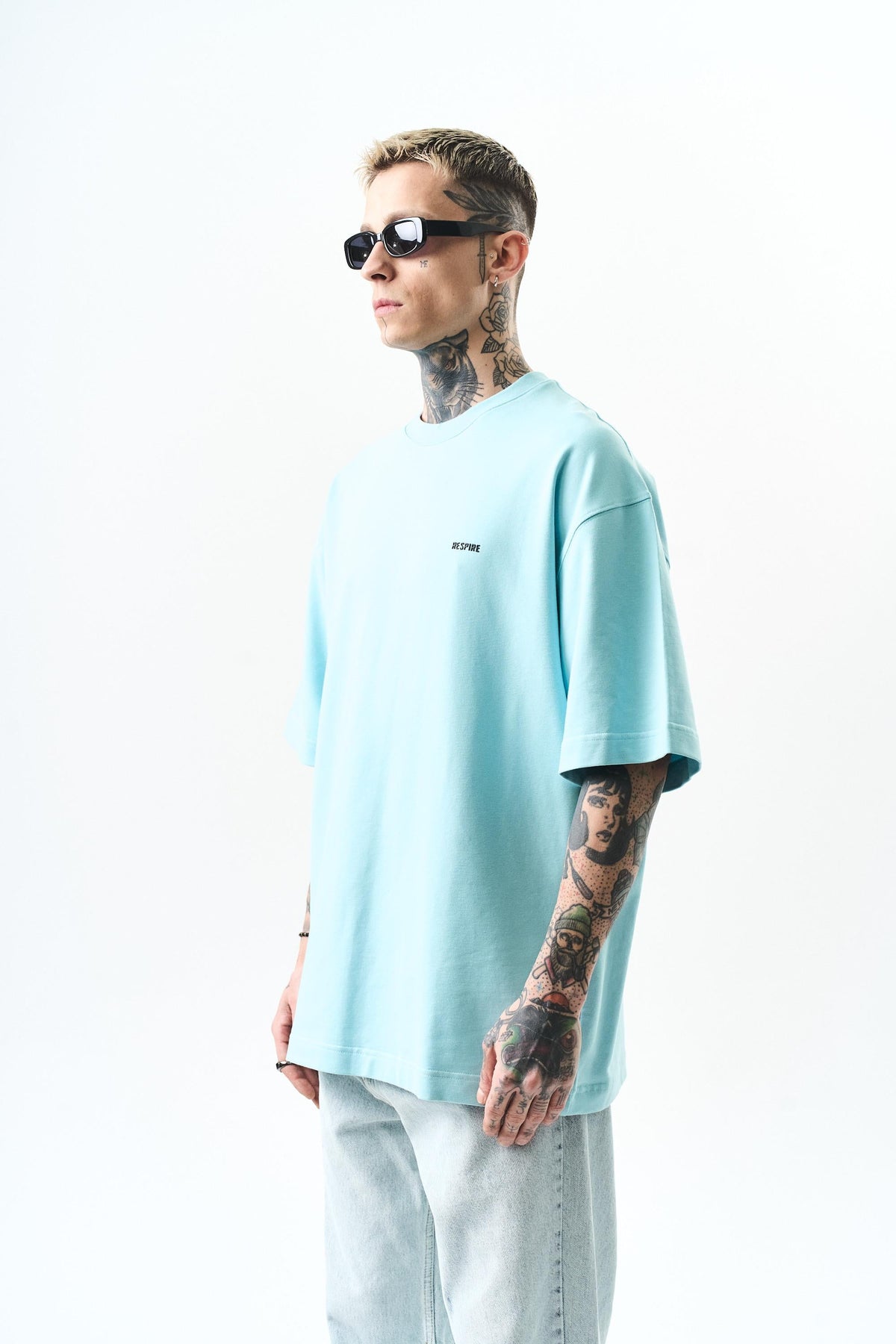 Erkek Respire Yazı Detaylı Oversize T-Shirt Bebe Mavi