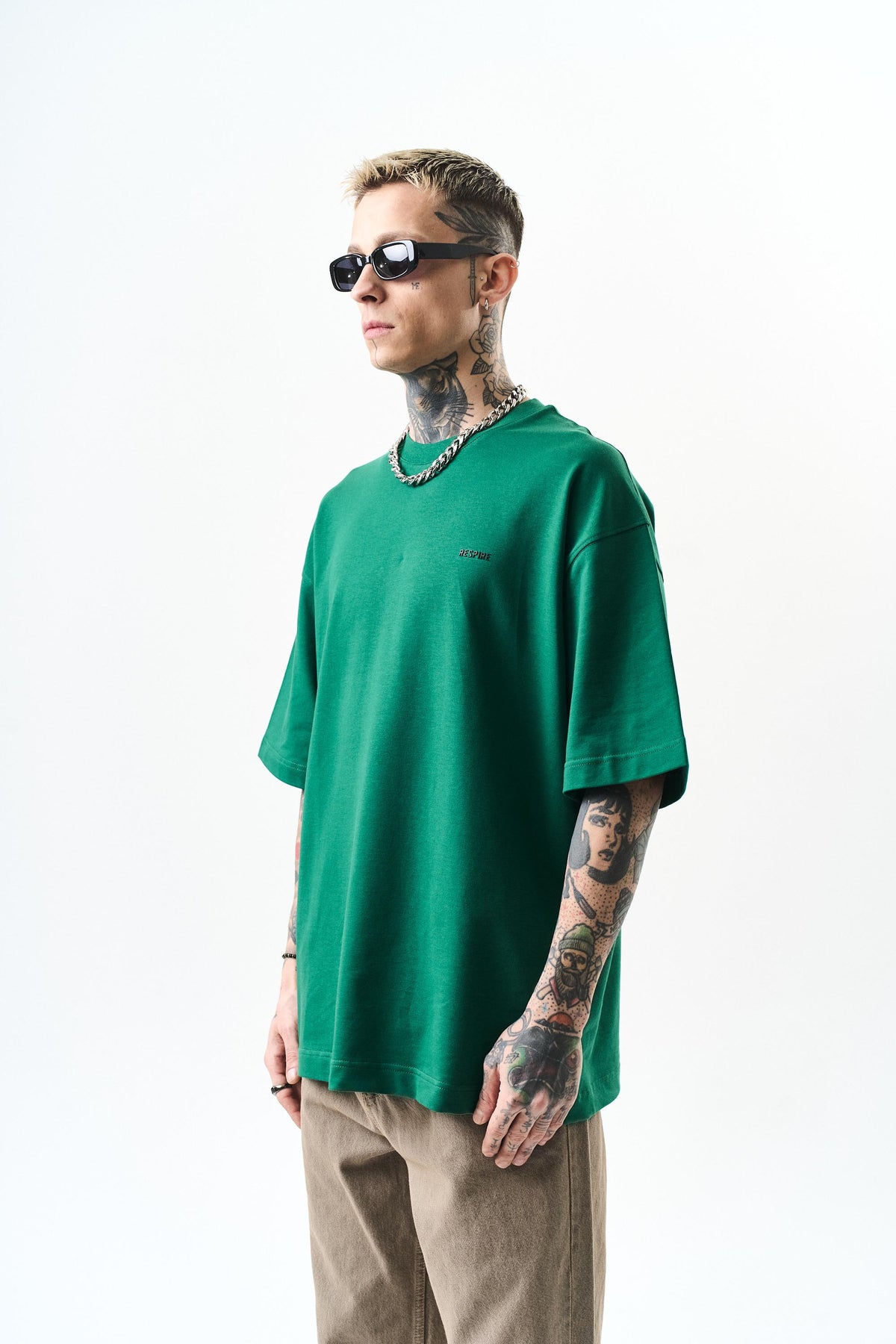 Erkek Respire Yazı Detaylı Oversize T-Shirt Nefti