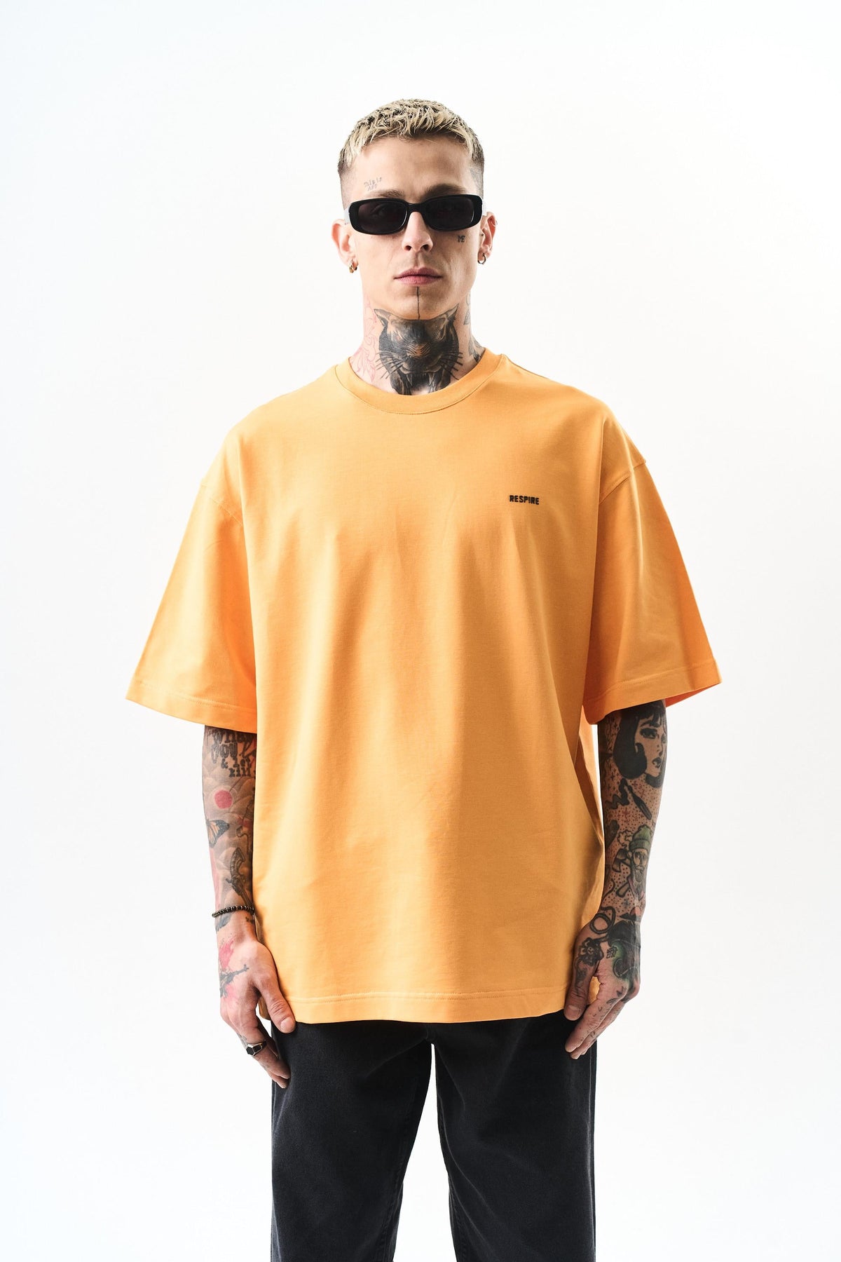 Erkek Respire Yazı Detaylı Oversize T-Shirt Oranj