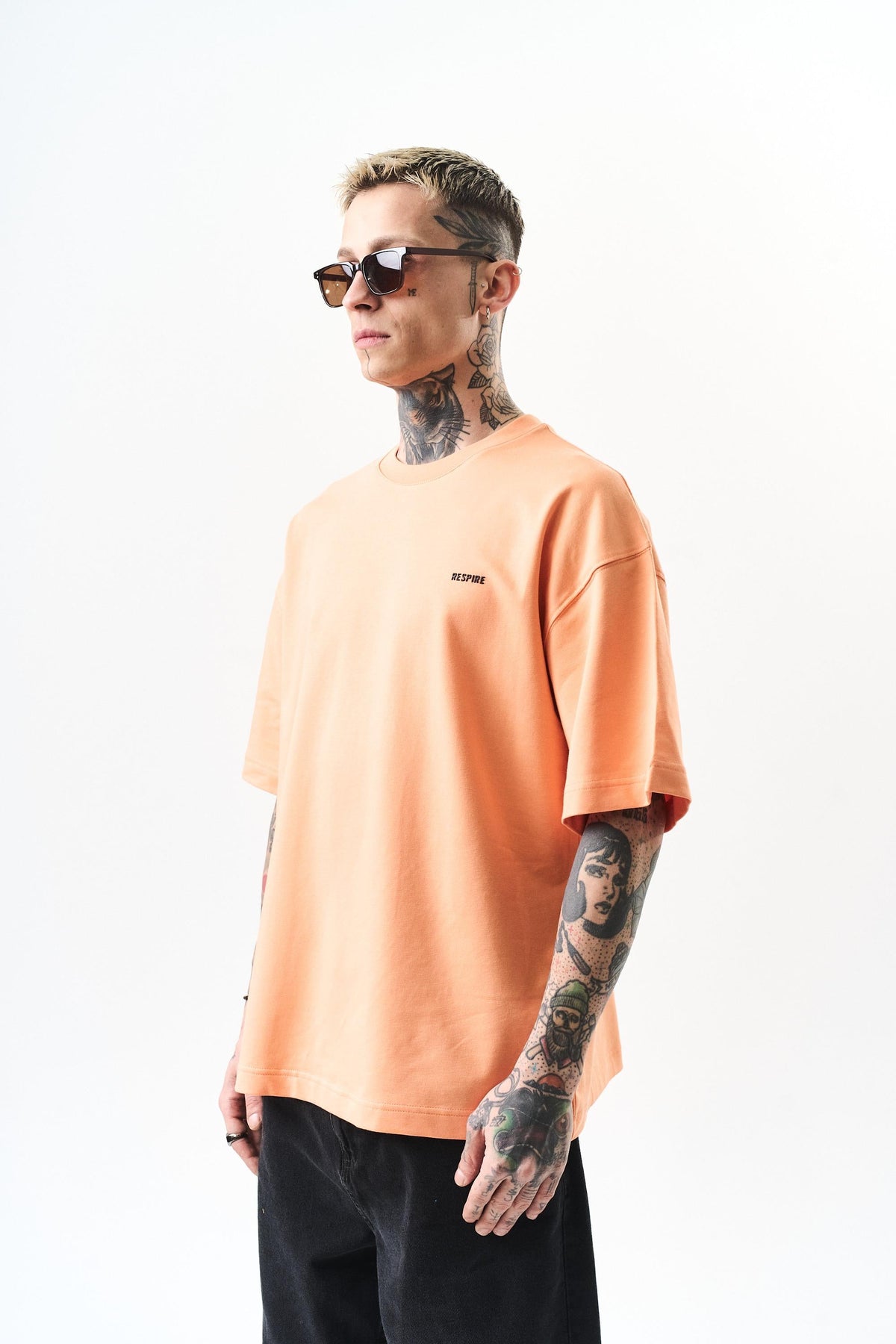 Erkek Respire Yazı Detaylı Oversize T-Shirt Şeftali