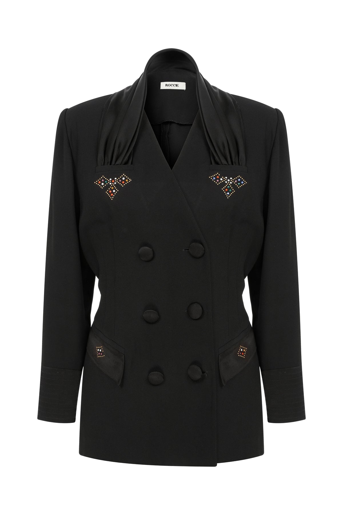 Roccie-Laura Double Breasted Satin Trimmed Crepe Blazer-Blazer Ceket-5-roqelvaxirum.shop