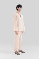 Sertaç Taşdelen-Açık Kahverengi %100 Keten V Yaka Oversized Erkek T-shirt Model T 18-T-Shirts-2-roqelvaxirum.shop