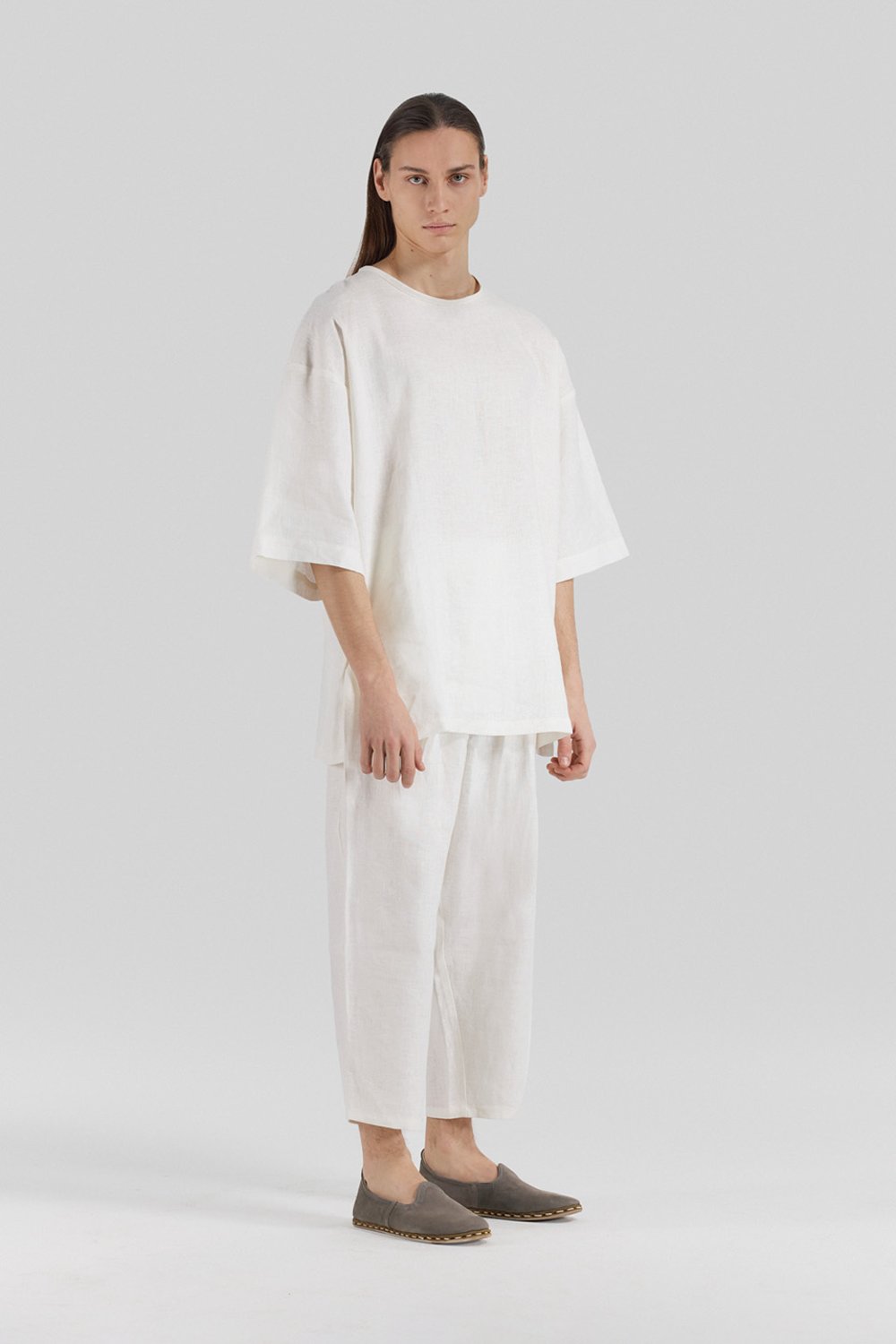 Sertaç Taşdelen-Beyaz %100 Keten Beli Lastikli Erkek Pantolon Model P 05-Pantolon-2-roqelvaxirum.shop