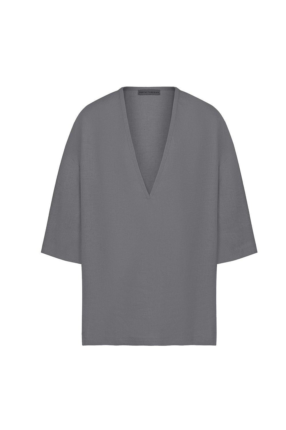 Sertaç Taşdelen-Gri %100 Keten Derin V Yaka Oversized Erkek T-shirt Model T 13-T-Shirts-3-roqelvaxirum.shop