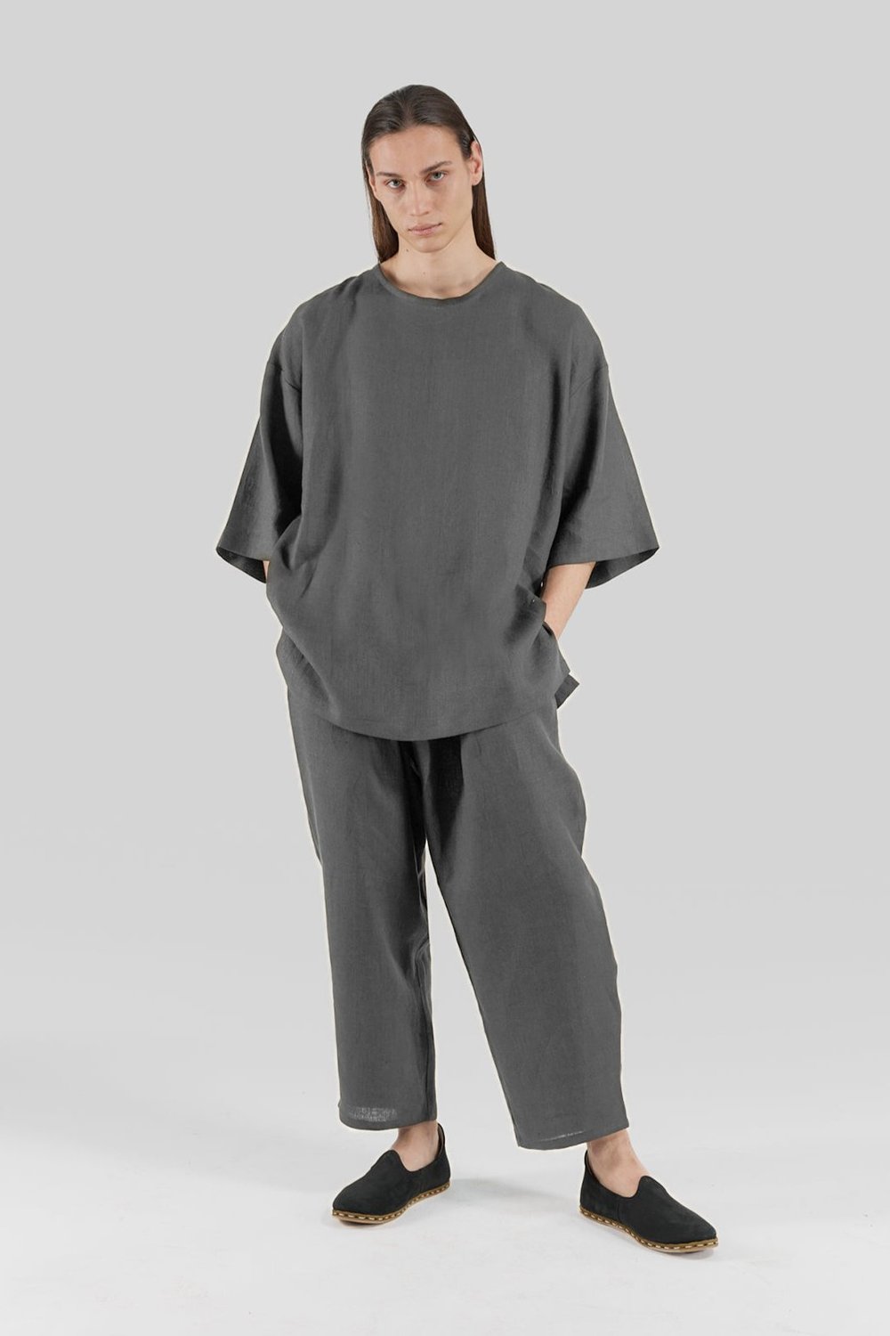 Sertaç Taşdelen-Gri %100 Keten Yuvarlak Yaka Oversized Erkek T-shirt Model T 14-T-Shirts-1-roqelvaxirum.shop