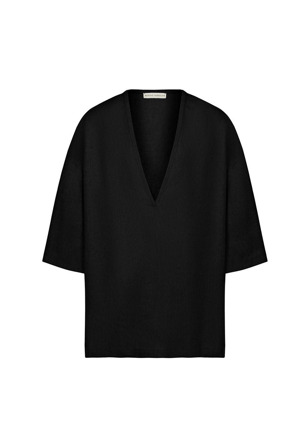 Sertaç Taşdelen-Siyah %100 Keten Derin V Yaka Oversized Erkek T-shirt Model T 09-T-Shirts-3-roqelvaxirum.shop
