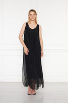 Silk Parade-Saf İpek Şifon Siyah Elbise-Elbise-1-roqelvaxirum.shop