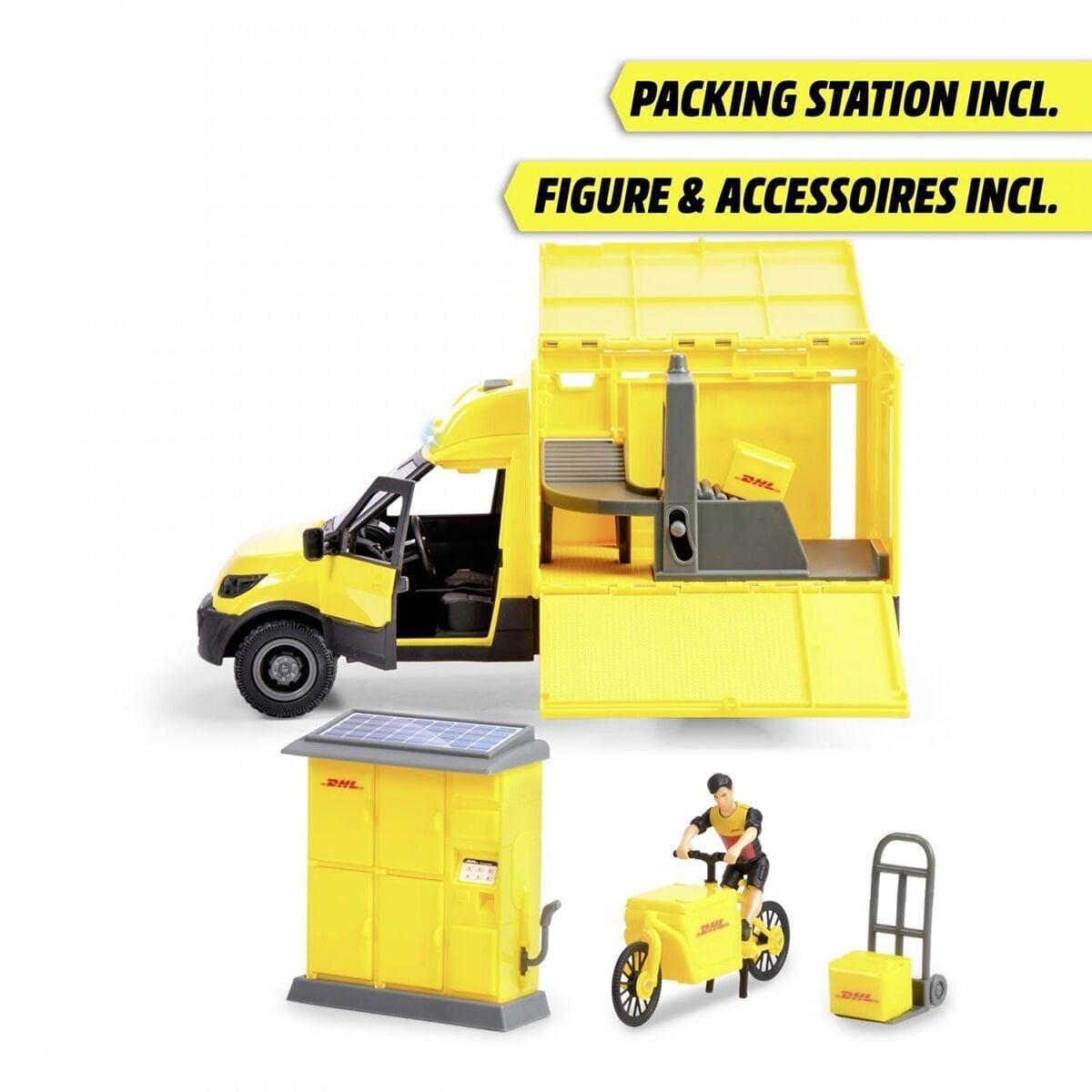 203747020 Dickie Dhl Delivery Set Freewheel Delivery Vehicle Packaging Statio