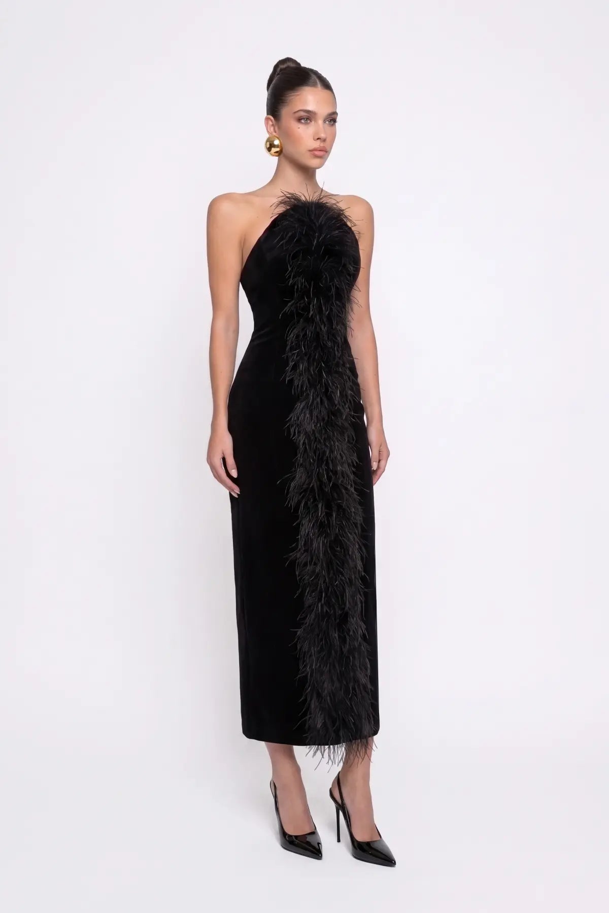 SiYah Tüy Detayli KadiFe Bodycon MiDi ElbiSe