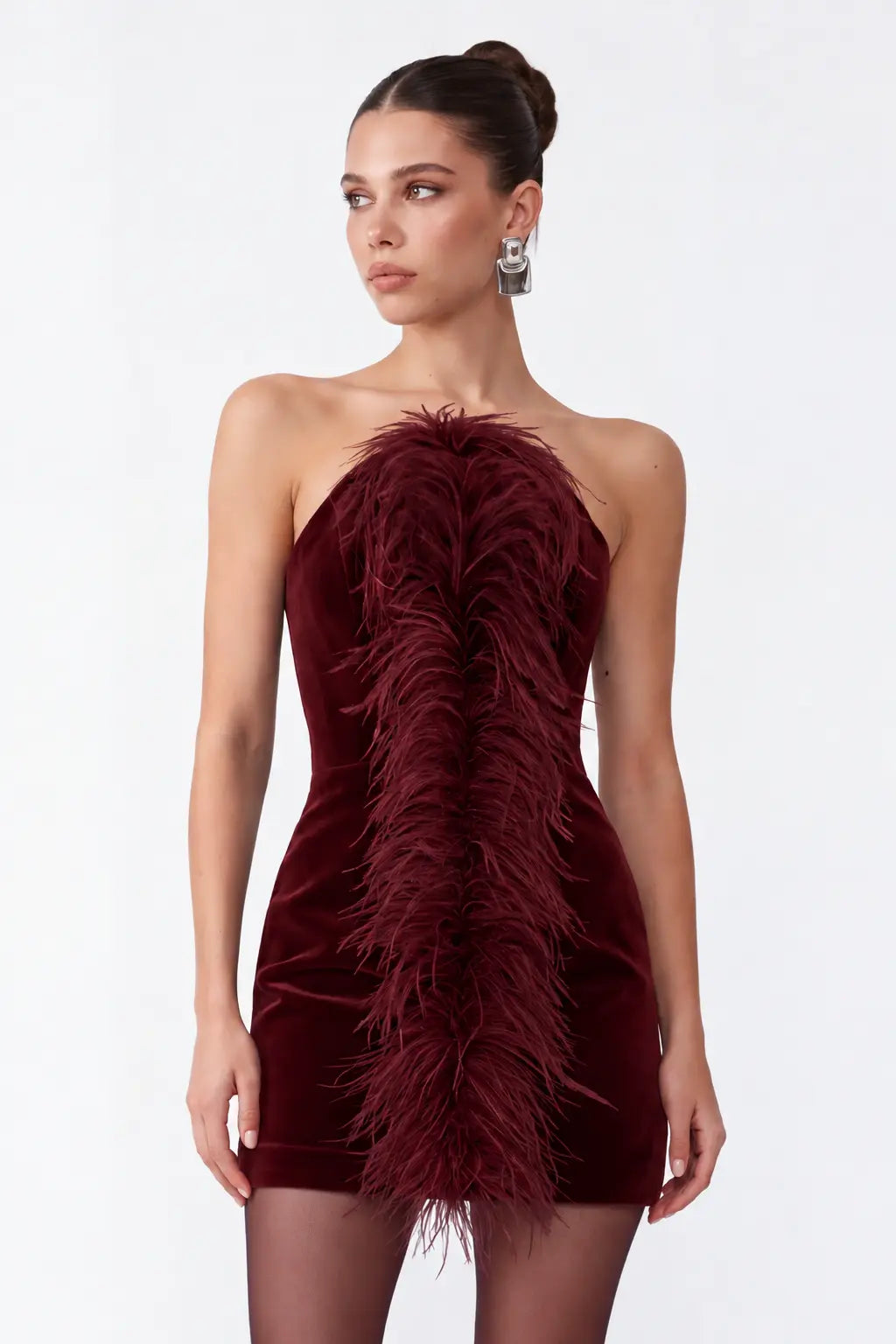 Tüy Detayli Bordo KadiFe MiNi Bodycon ElbiSe