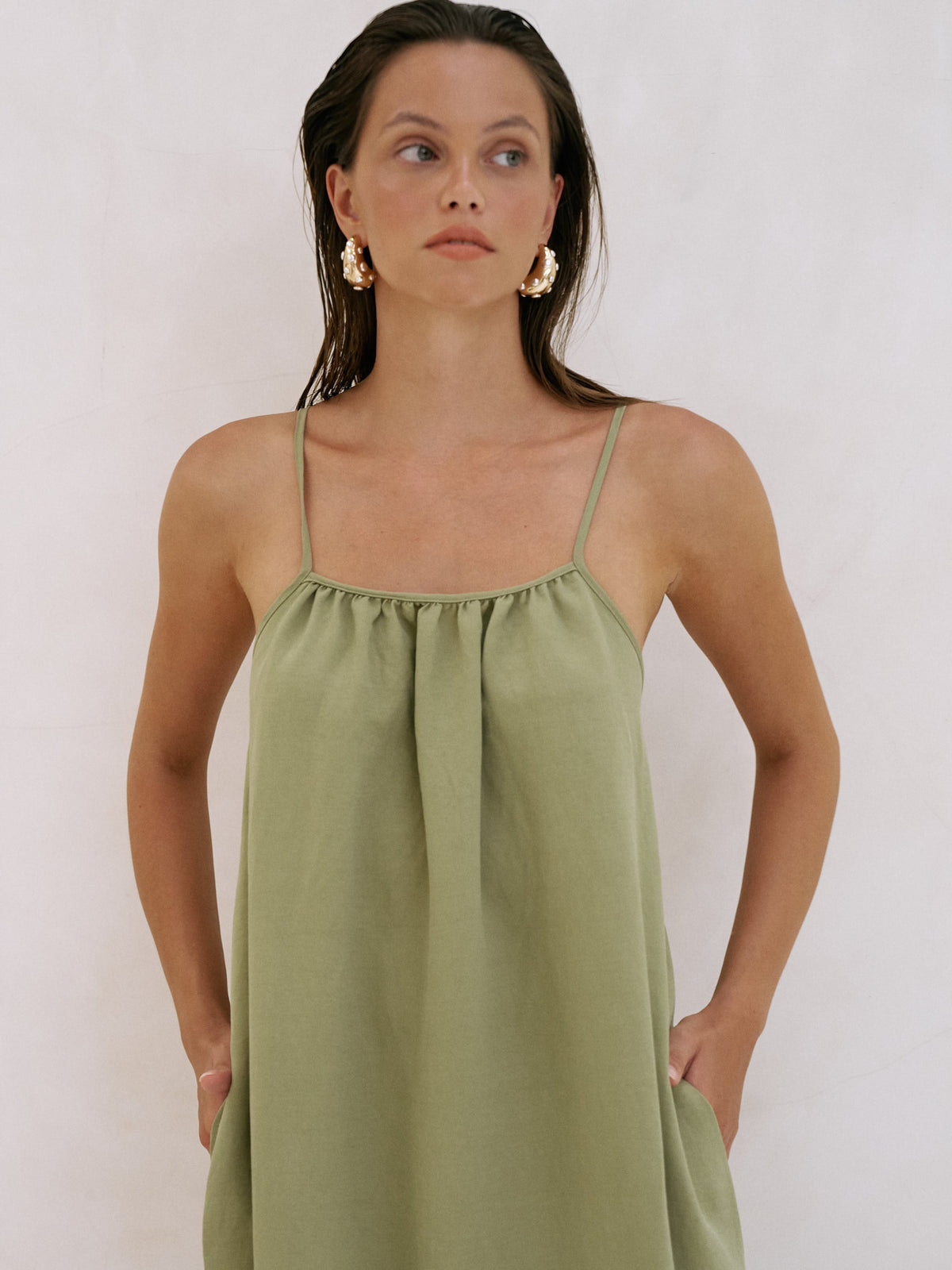 The Handloom-Bliss Flow Maxi Dress Khaki Green-Elbise-3-roqelvaxirum.shop
