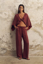 The Handloom-Lucid Flow Tie Pants Burgundy-Pantolon-1-roqelvaxirum.shop