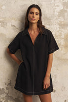The Handloom-Mae Popover Mini Dress Black-Elbise-1-roqelvaxirum.shop