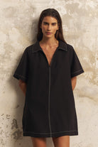 The Handloom-Mae Popover Mini Dress Black-Elbise-3-roqelvaxirum.shop