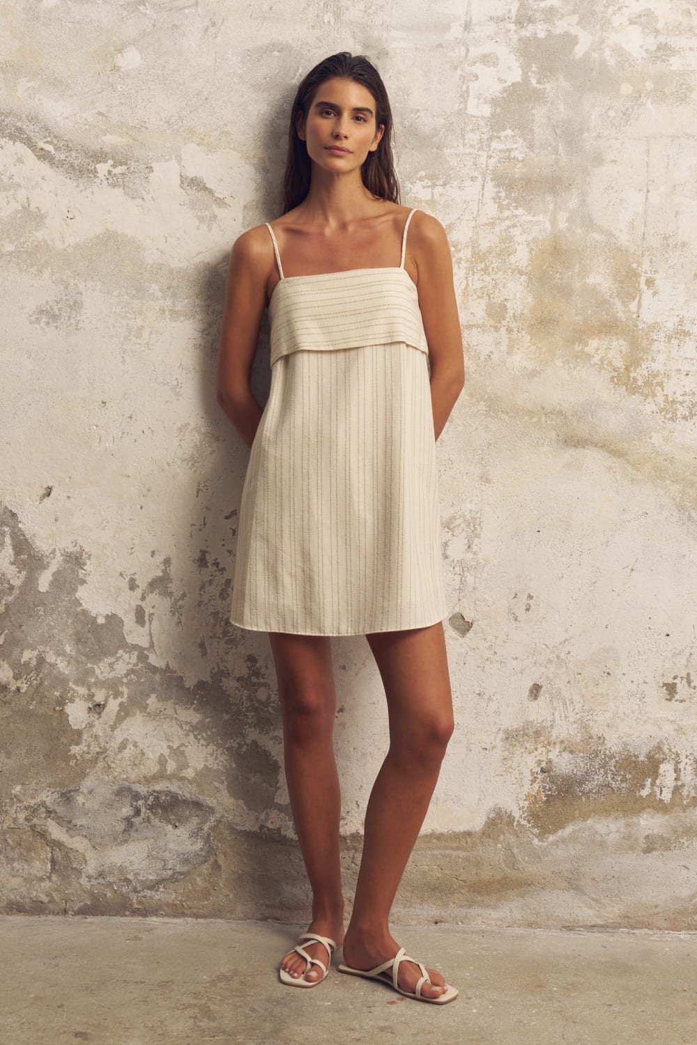 The Handloom-Puglia Stripes Mini Dress Oatmeal-Elbise-2-roqelvaxirum.shop