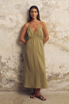 The Handloom-Sofia Ties Maxi Dress Khaki Green-Elbise-1-roqelvaxirum.shop