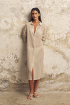 The Handloom-Voyage Shirt Dress Khaki Green Stripes-Elbise-1-roqelvaxirum.shop