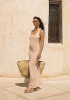 Tiny-Halter Yaka Uzun Krem Elbise-Elbise-3-roqelvaxirum.shop