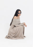 Tiny-Kayık Yaka Pileli Bej Uzun Elbise-Elbise-7-roqelvaxirum.shop