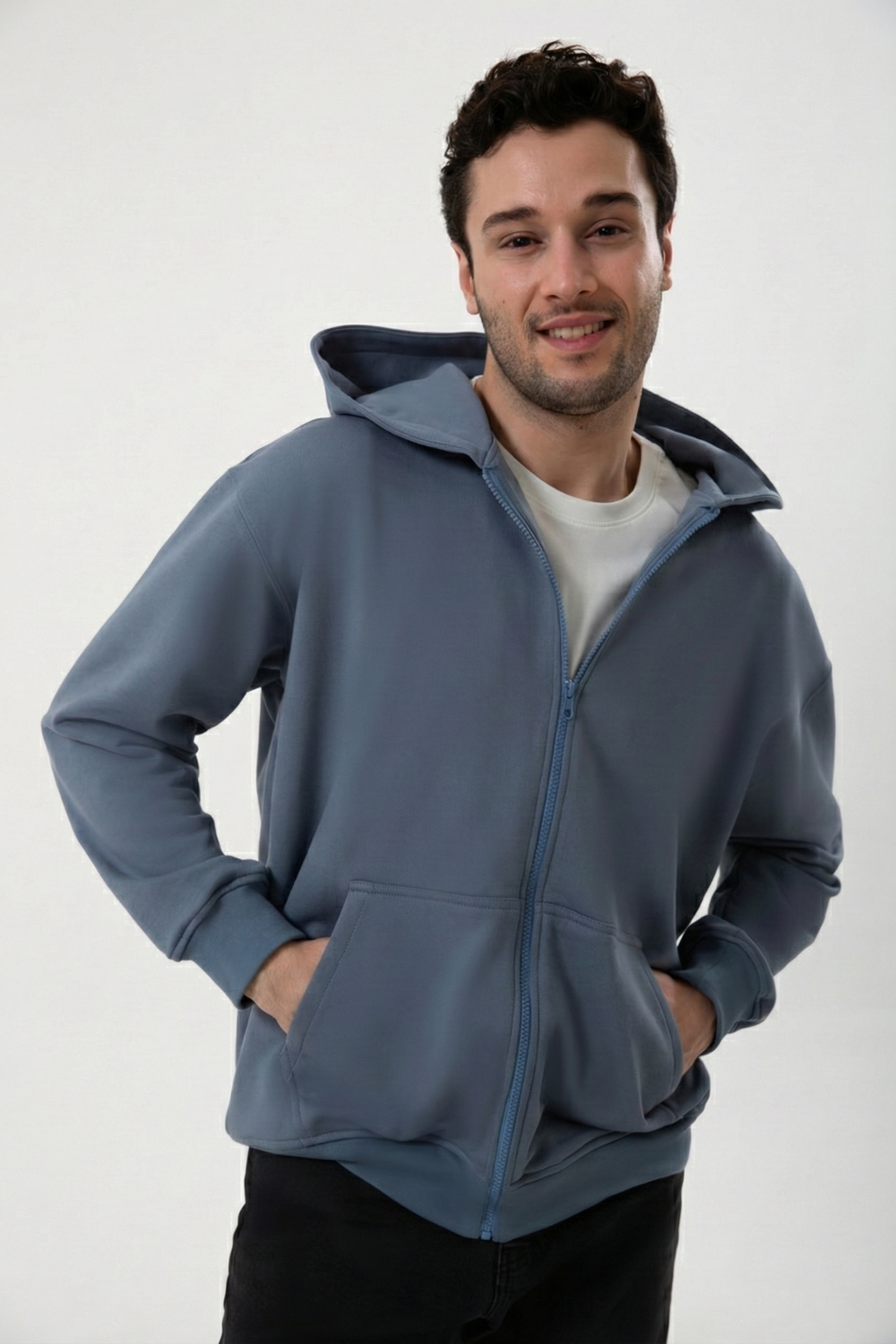 Fermuarlı Kapüşonlu Logo Nakışlı Sweatshirt, Kurşuni - 0