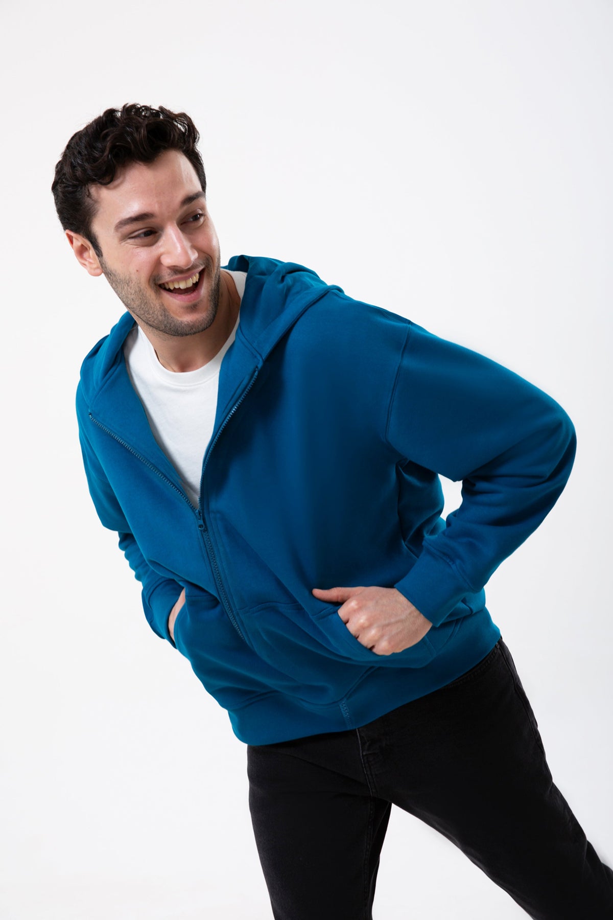 Fermuarlı Kapüşonlu Logo Nakışlı Sweatshirt, Petrol Mavisi - 0