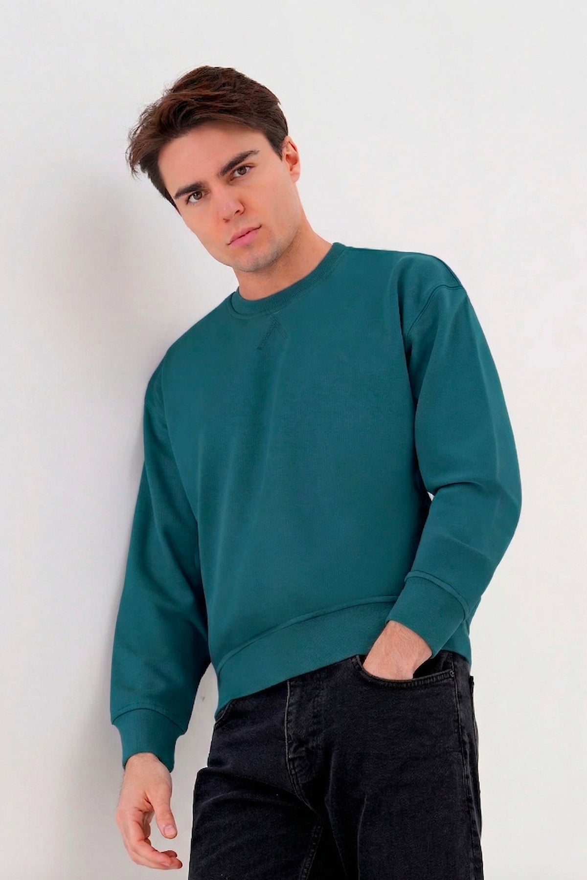 Regular Organik Pamuklu Petrol Mavisi Renk Erkek Sweatshirt