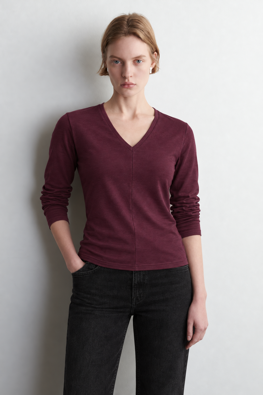 Tencel Derin V Yaka Bordo Uzun Kollu Bluz
