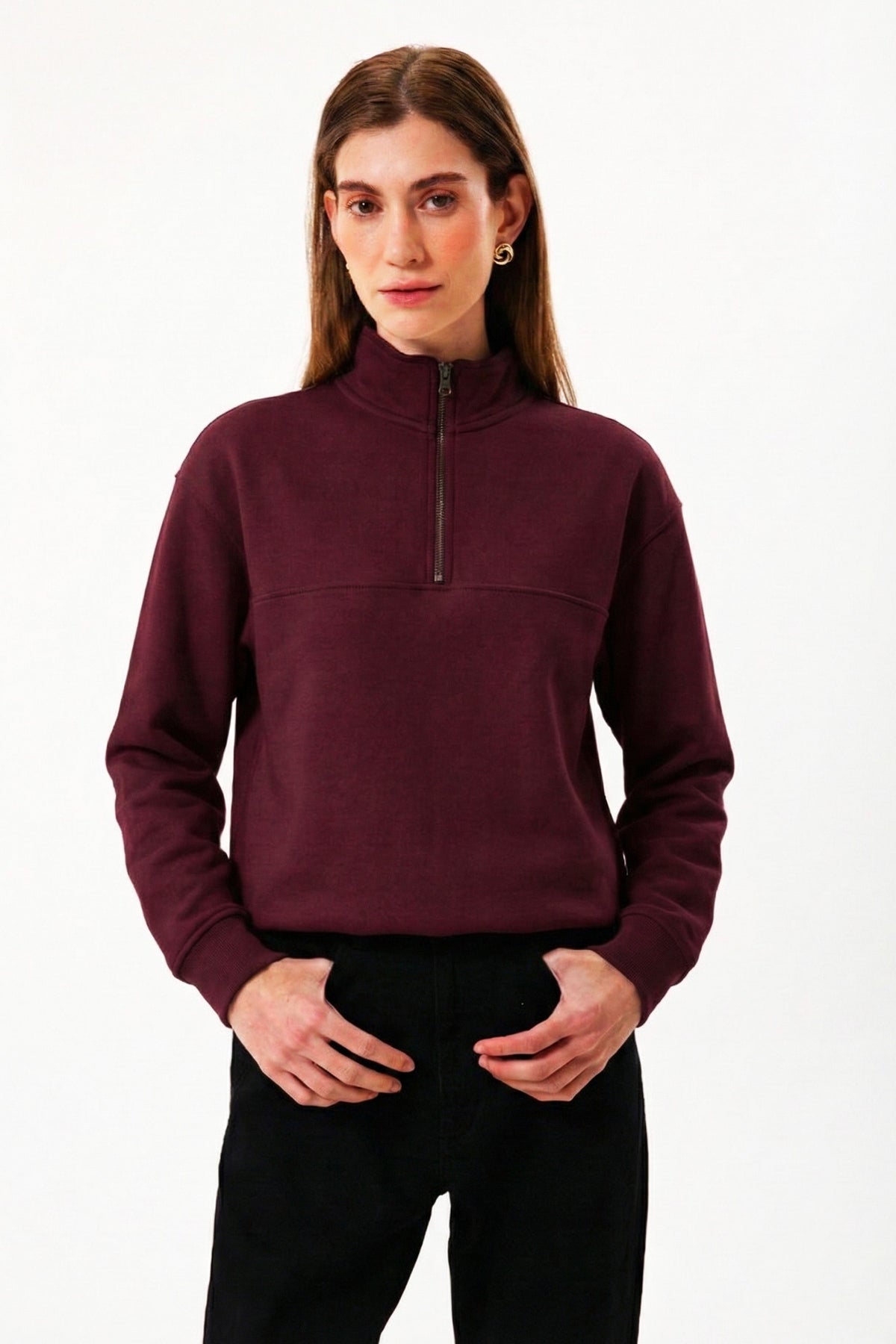 Yarım Fermuarlı Organik Pamuklu Bordo Kadın Sweatshirt