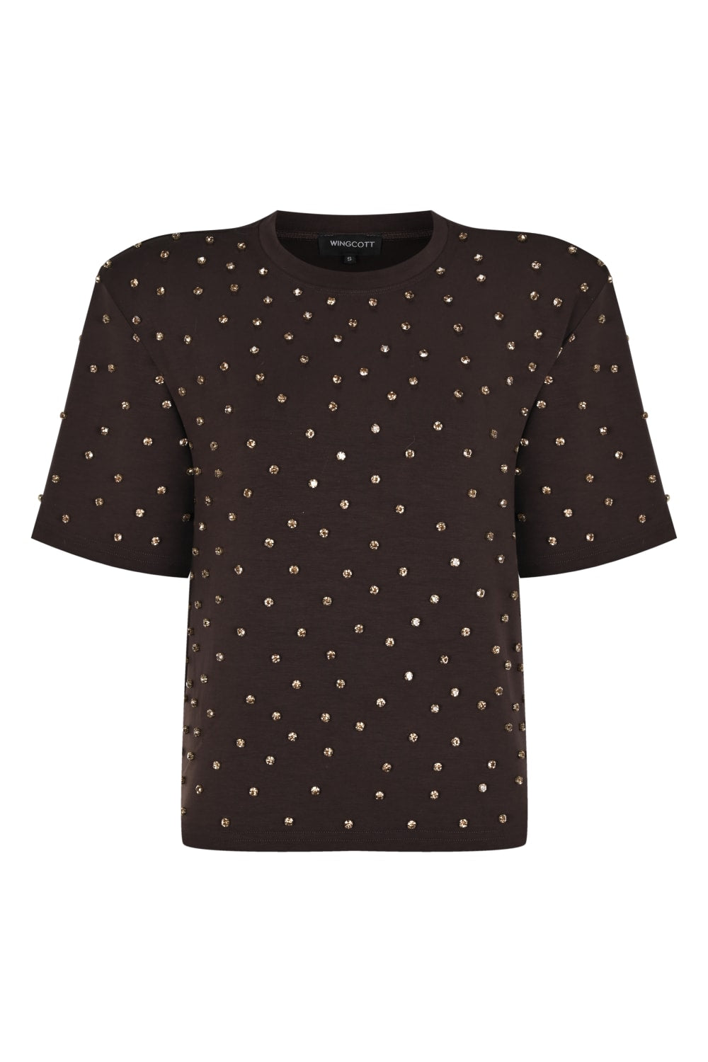 Wingcott-Acı Kahve Taş İşlemeli Vatkalı Yarım Kollu Tişört-T-Shirts-1-roqelvaxirum.shop