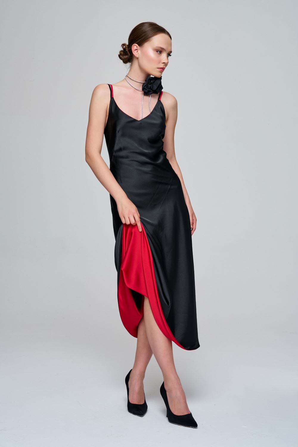 Zeynep Kaya-Çift Taraflı Saten Siyah/kırmızı Elbise-Elbise-2-roqelvaxirum.shop