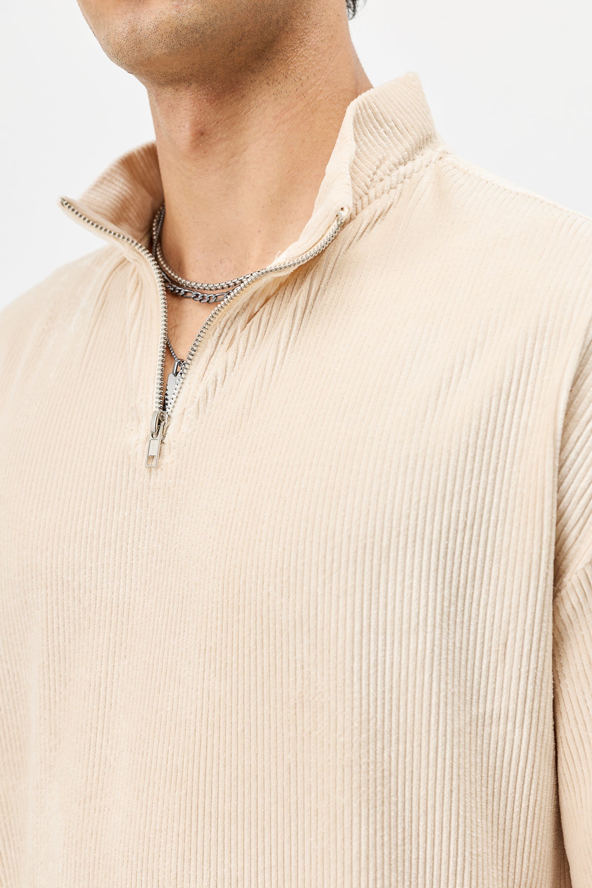 Yarım Fermuarlı Oversize Fitilli Tişört - 2