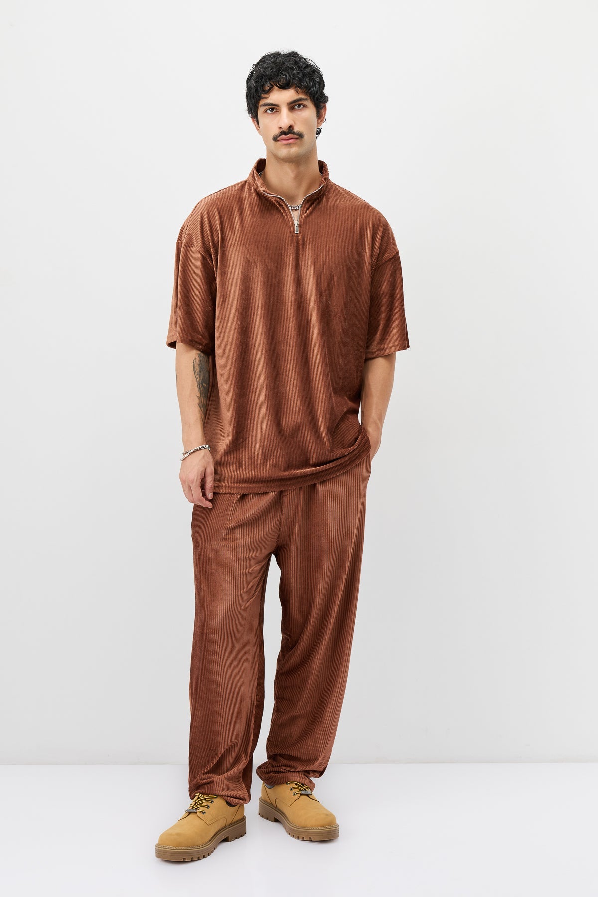 Yarım Fermuarlı Oversize Fitilli Tişört - 2