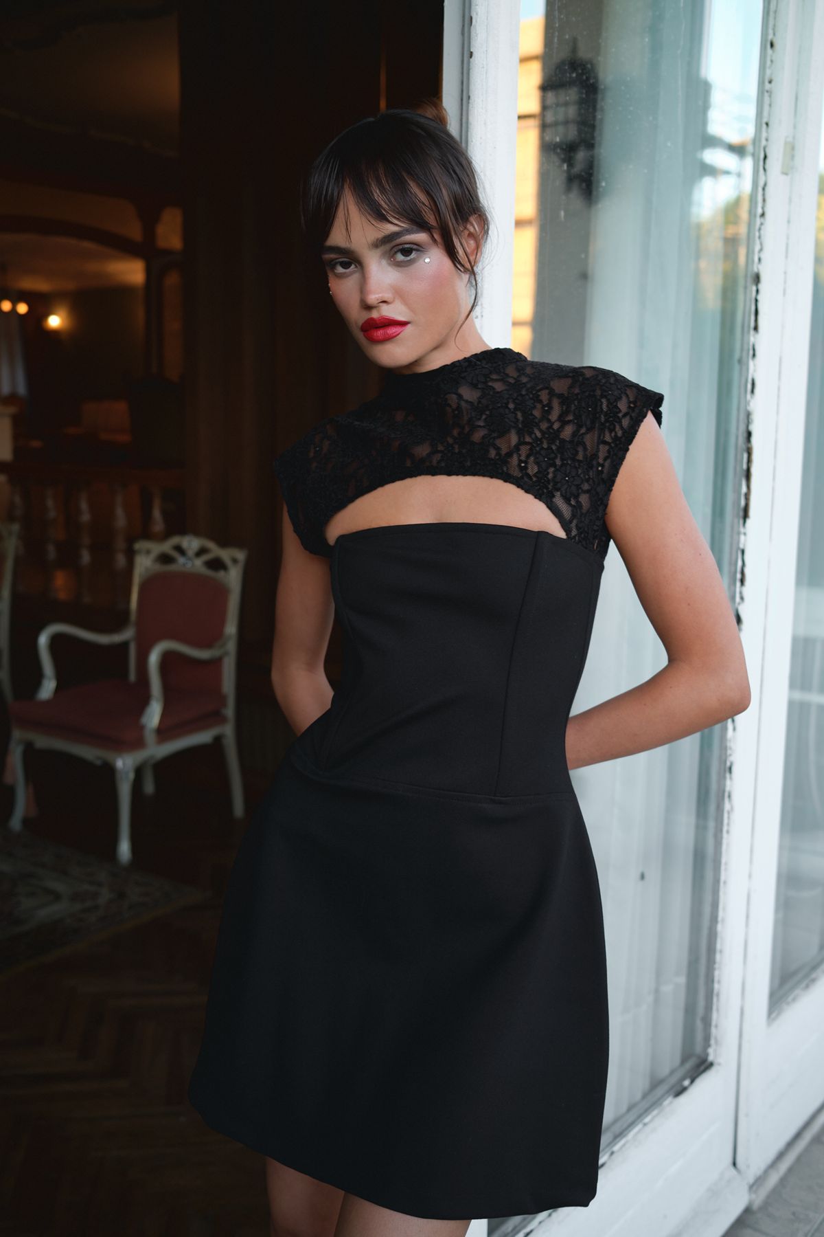 French Dantel Detaylı Elbise - Siyah - 6