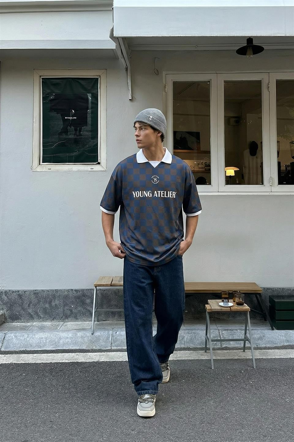 Oversize Polo Yaka Forma Tişört - Kahverengi ve İndigo - 6