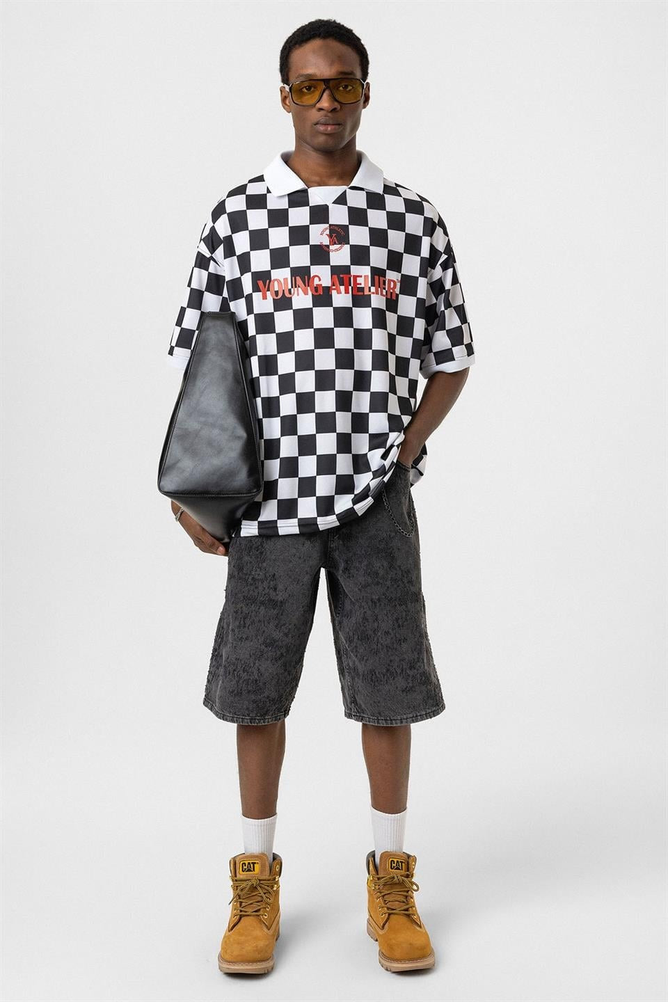 Oversize Polo Yaka Forma Tişört - Siyah ve Beyaz - 1