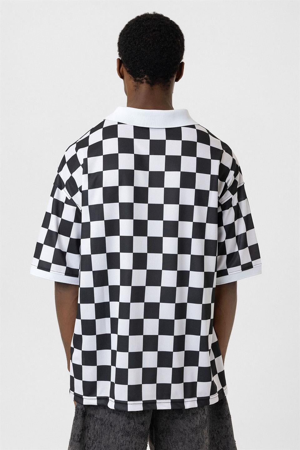Oversize Polo Yaka Forma Tişört - Siyah ve Beyaz - 3
