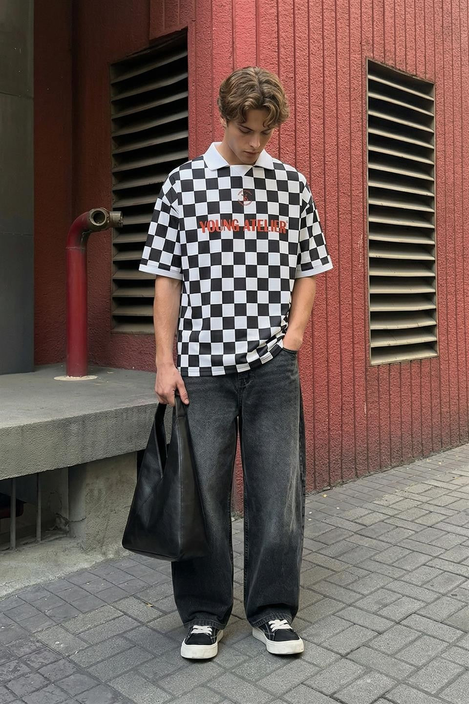 Oversize Polo Yaka Forma Tişört - Siyah ve Beyaz - 6