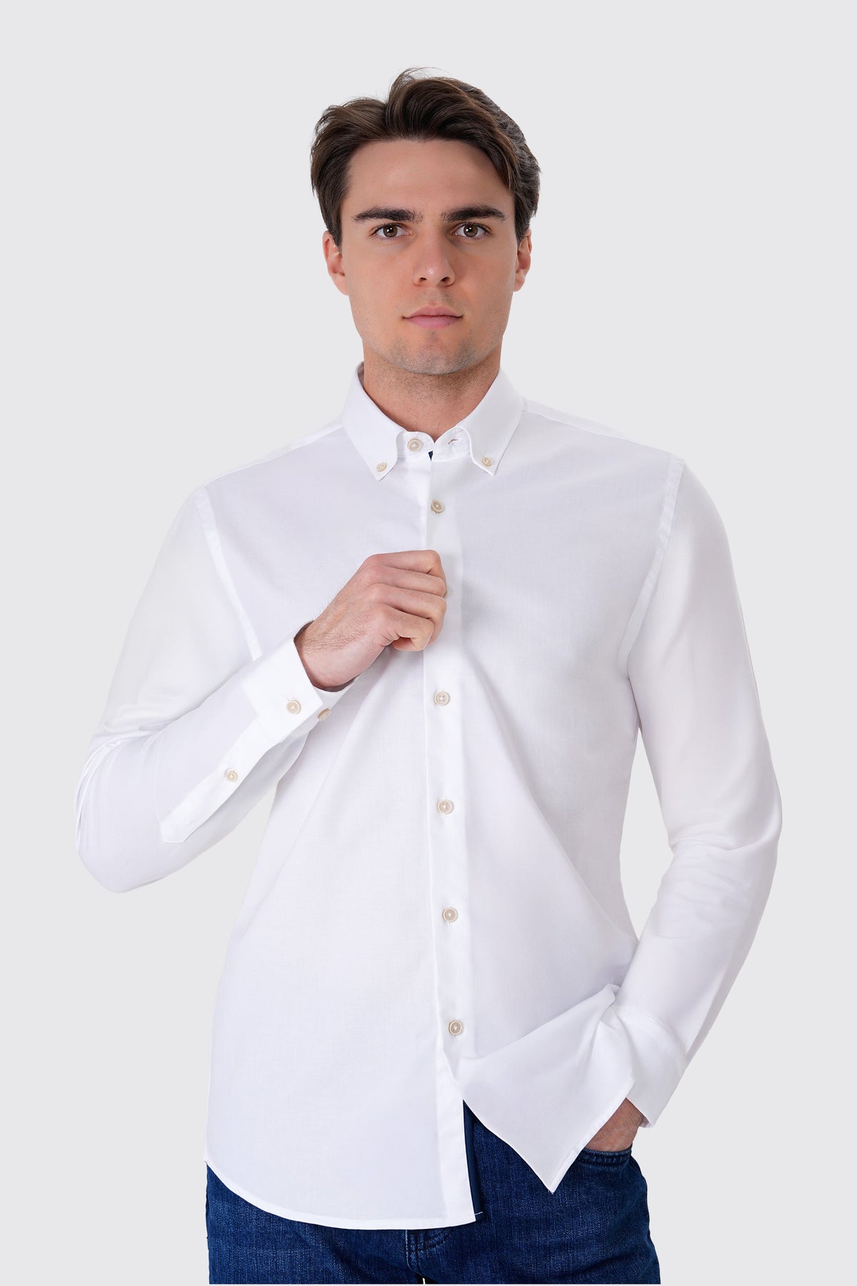 Slim Fit Oxford Erkek Gömlek, Beyaz - 2
