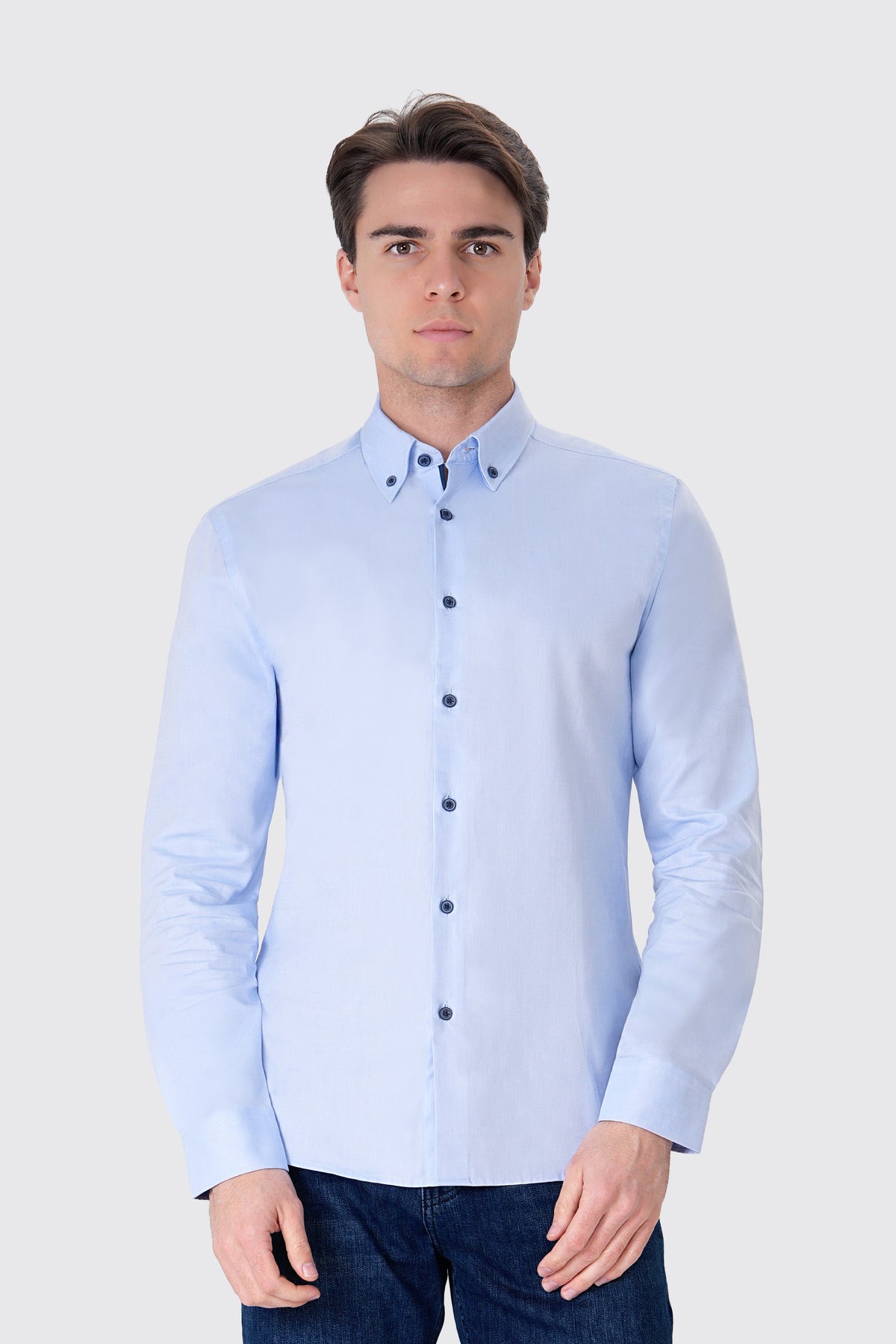 Slim Fit Oxford Erkek Gömlek, Mavi - 1